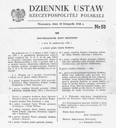 Pełny tekst rozporządzenia Rady Ministrów z 25 października 1948 roku o zmianie granic miasta Krakowa,
opublikowanego w Dzienniku Ustaw z 1948 roku, Nr 53, poz. 418
(z zasobów Urzędu Miasta Krakowa)