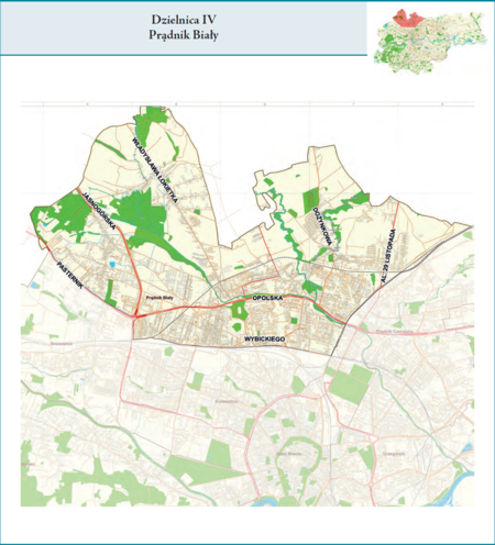 Dzielnica IV Prądnik Biały według stanu z 2017 r. na przywołanym wcześniej planie miasta z tego samego roku – dzielnica samorządowa
o powierzchni 23,42 km² (udział 7,16% w całej powierzchni miasta), położona na terenach historycznych jednostek katastralnych: Prądnik
Biały, Bronowice Wielkie, Tonie, Witkowice, Górka Narodowa, po części także Krowodrza i Prądnik Czerwony, fragmentem Bronowice
Małe (vide plan na s. 239). Opis przebiegu granic tej dzielnicy podano na następnej stronie.