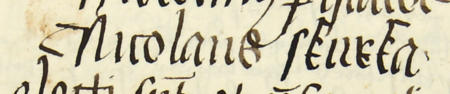 Z księgi radzieckiej Kazimierza obejmującej lata 1481–1508: fragment wpisu dokumentującego
wybór rady urzędującej na rok 1488, z Mikołajem Skurką w składzie – zbliżenie zapisu imienia
(Archiwum Narodowe w Krakowie, sygn. K 7, s. 137)