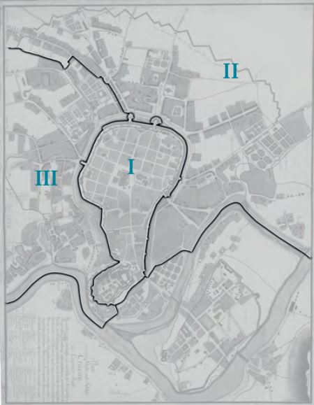 Plan konturowy podziału Krakowa na wydziały
z lat 1794 i 1794–1802 na podkładzie planu miasta
przedstawionego w pełnym kształcie na s. 296