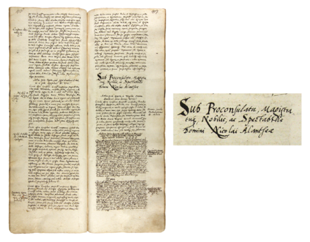 Z księgi radzieckiej obejmującej lata 1567–1576 strony 416–417 z nagłówkiem otwierającym wpisy spraw prowadzonych
za kadencji burmistrzowskiej Mikołaja Alantsee w 1571 roku – oraz powiększenie zapisu imienia i funkcji burmistrza
(Archiwum Państwowe w Krakowie, sygn. rkps 446, s. 416–417)