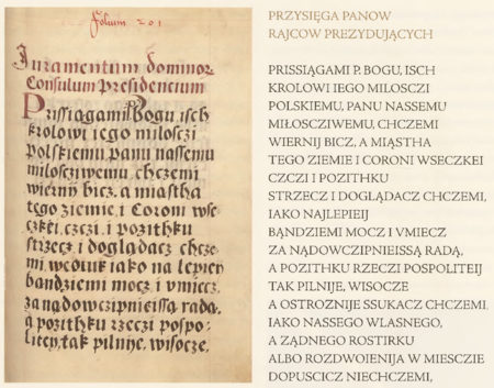 Z Kodeksu Behema, zbioru praw i przywilejów Krakowa powstałego przed 1505 rokiem, początkowa część roty przysięgi rajców-burmistrzów
z przełomu X IV i X V wieku, składanej po wyborze do rady urzędującej (Biblioteka Jagiellońska, sygn. rkps 16, k. 201)