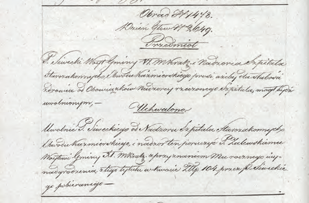 Z sentencjonarza obrad Senatu Rządzącego Wolnego Miasta Krakowa wpis z 1828 r.
dotyczący wójta Jakuba Zalewskiego
(Archiwum Narodowe w Krakowie, sygn. WMK IV-15, s. 364)