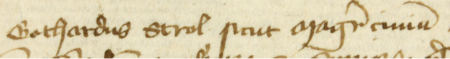 Z księgi ławniczej obejmującej lata 1419–1430 strony 68–69 z wpisem z 1423 roku, stwierdzającym, że Gotard Strol,
burmistrz, w imieniu całej rady miejskiej rezygnuje z kramu sukiennego niegdyś znajdującego się w rękach Stanisława
z Muchowa (nr 138) na rzecz Piotra Fettera (nr 172) działającego w imieniu Mikołaja Bastgerta (nr 193) –
oraz powiększenie zapisu imienia i funkcji burmistrza (Archiwum Państwowe w Krakowie, sygn. rkps 5, s. 68–69)