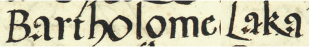 Z księgi radzieckiej Kazimierza obejmującej lata 1540–1545: fragment wpisu dokumentującego
wybór rady urzędującej na rok 1542, z Bartłomiejem Łąką w składzie – oraz zbliżenie zapisu imienia
(Archiwum Narodowe w Krakowie, sygn. K 10, s. 276)