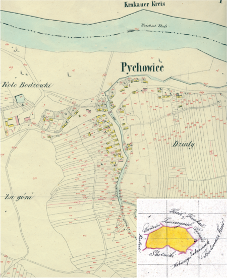 Centrum Pychowic na mapie katastralnej sporządzonej dla gminy katastralnej Pychowice w 1849 roku oraz pochodzący
z 1845 roku plan sytuacyjny z wyrysowanymi granicami gminy Pychowice oraz lokalizacją gmin sąsiadujących
(Archiwum Narodowe w Krakowie, sygn. K. Krak. 497 II; sygn. 29/280/1379, k. 1)