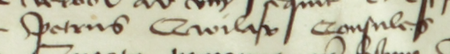 Fragment dokumentu wydanego w 1465 roku w Krakowie, w którym oficjał krakowski Stanisław ze Świeradzic
zatwierdza testament mieszczanina i rajcy kleparskiego Piotra Okszmara (nr 5), otwarty w obecności
rajców kleparskich, wśród nich Piotra Cwilawa – zbliżenie zapisu imienia i urzędu
(Archiwum Uniwersytetu Jagiellońskiego, sygn. dypl. perg. 172)