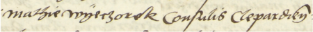 Z księgi ławniczej Kleparza obejmującej sprawy z lat 1528–1553: fragment wpisu z 1552 roku dotyczącego sprawy
z udziałem Katarzyny Wieczorkowej, wdowy po zmarłym Macieju Wieczorku, rajcy kleparskim – oraz zbliżenie zapisu
imienia i urzędu (Archiwum Narodowe w Krakowie, sygn. KL 2, s. 662)