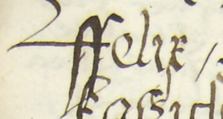 Z księgi radzieckiej Kazimierza obejmującej lata 1481–1508: fragment wpisu dokumentującego
wybór rady urzędującej na rok 1489, z Feliksem w składzie – oraz zbliżenie zapisu imienia
(Archiwum Narodowe w Krakowie, sygn. K 7, s. 188)