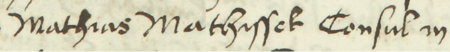 Z księgi ławniczej Kleparza obejmującej lata 1499–1528: fragment wpisu z 1517 roku dokumentującego
sprawę przed ławą miejską z udziałem Macieja Matyska, rajcy kleparskiego – oraz zbliżenie zapisu imienia i urzędu
(Archiwum Narodowe w Krakowie, sygn. KL 1, s. 287)