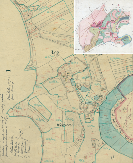 Fragment Łęgu na mapie katastralnej sporządzonej dla gminy katastralnej Łęg w 1850 roku oraz
pochodzący z 1835 roku plan wsi Czyżyny i Łęg wraz z lokalizacją wsi sąsiadujących
(Archiwum Narodowe w Krakowie, sygn. K. Krak. 128 IV; sygn. 29/200/137)