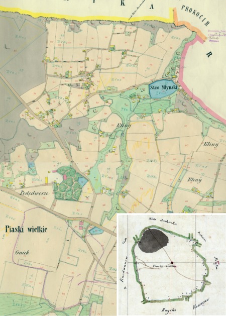 Fragment Piasków Wielkich na mapie katastralnej sporządzonej dla gminy katastralnej Piaski Wielkie w 1849 roku oraz
pochodzący z 1847 roku plan sytuacyjny z wyrysowanymi granicami gminy Piaski Wielkie i lokalizacją gmin sąsiadujących
(Archiwum Narodowe w Krakowie, sygn. K. Krak. 421 I, III; sygn. K. Krak. op. 106, s. 1)