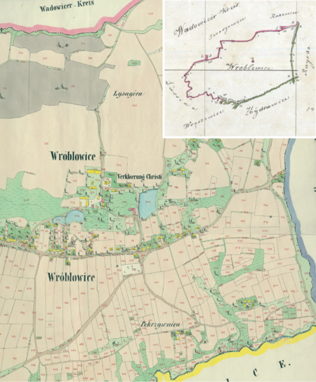 Centrum Wróblowic na mapie katastralnej sporządzonej dla gminy katastralnej Wróblowice w 1849 roku oraz pochodzący
z 1846 roku plan sytuacyjny z wyrysowanymi granicami gminy Wróblowice i lokalizacją gmin sąsiadujących
(Archiwum Narodowe w Krakowie, sygn. K. Krak. 703 II, III; sygn. K. Krak. op. 166, s. 1)