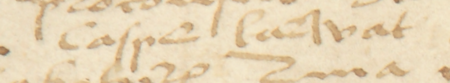 Fragment dokumentu wydanego w 1533 roku w Kleparzu, mocą którego rajcy kleparscy urzędujący i rajcy starzy,
wśród nich Kasper Karwat, zatwierdzili postanowienia statutu cechu krawców kleparskich –
zbliżenie zapisu imienia (Archiwum Narodowe w Krakowie, sygn. perg. 1130)