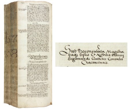 Z księgi radzieckiej obejmującej lata 1575–1580 strona 744 z nagłówkiem otwierającym wpisy spraw prowadzonych
za kadencji burmistrzowskiej Zygmunta Guttetera w 1578 roku – oraz powiększenie zapisu imienia i funkcji burmistrza
(Archiwum Państwowe w Krakowie, sygn. rkps 447, s. 744)