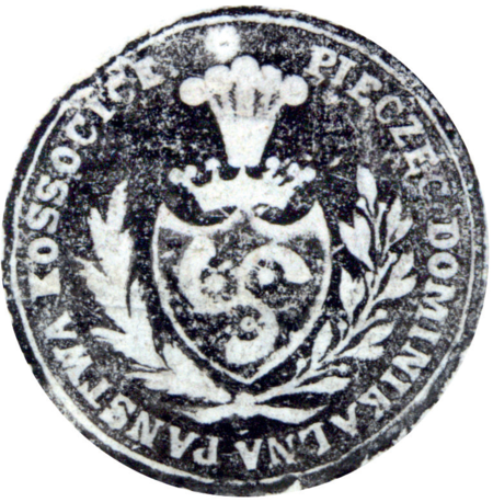 (1847)
Odcisk w laku pieczęci gminnej Kosocic
z 1819 roku oraz odcisk pochodzącej
z 1847 roku pieczęci właścicielskiej z napisem
w otoku: PIECZĘĆ DOMINIALNA
PAŃSTWA KOSOCICKIEGO
(CPAHU we Lwowie, sygn. fond 20, opis 1,
sprawa 140; Archiwum Narodowe w Krakowie,
sygn. K. Krak. op. 140, s. 119)