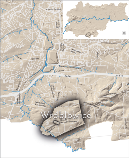 Orientacyjna lokalizacja dawnej wsi Wróblowice w obecnych granicach Krakowa – na planie miasta oznaczono jej położenie
w kształcie wyznaczonym granicami jednostki katastralnej, jaką stanowiła, ze wskazaniem najstarszego, historycznego centrum
Wróblowic w rejonie dzisiejszej ulicy Niewodniczańskiego