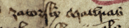 Fragment dokumentu wydanego w 1449 roku w Kleparzu, w którym ławnicy kleparscy, z Maciejem Zatorskim w składzie,
oświadczyli, że przed sądem gajonym, któremu przewodniczył podwójci Jan w miejsce wójta Mikołaja Sobowskiego,
Mikołaj Zaszczytowski (nr 4), były wójt kleparski, zeznał, iż sprzedał za 24 grzywny z prawem odkupu
(to jest na wyderkauf) swój ogród położony w Biskupiu, za kościołem Krzyża Świętego, Piotrowi Okszmarowi (nr 5),
opiekunowi szpitala dla trędowatych św. Walentego – zbliżenie zapisu imienia
(Archiwum Uniwersytetu Jagiellońskiego, sygn. dypl. perg. 127)