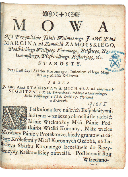 Strona tytułowa broszury z mową wygłoszoną przez Stanisława Michała Segnitza w Krakowie w 1686 roku na powitanie Marcina Zamoyskiego, podskarbiego wielkiego koronnego (Biblioteka Jagiellońska, sygn. 17165 I Mag. St. Dr.)