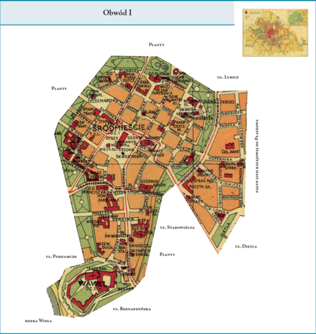 Obwód I według stanu z roku 1938 na przywołanym wcześniej planie miasta z ok. 1939 r. – centralna dzielnica śródmiejska
obejmująca stare miasto w obrębie Plant wraz z Wawelem oraz po wschodniej stronie fragmentem terenu dawnego Przedmieścia
Wesoła, od ul. Lubicz na północy po ul. Starowiślną na południu, od wschodu ograniczona nasypem linii kolejowej biegnącej
w kierunku Płaszowa, jak też fragmentem ul. Dietla. Podział administracyjny miasta z roku 1938 po raz pierwszy od 1816 r.
nie naruszał integralności powierzchni starego miasta w obrębie murów (Plant), z kolei po raz pierwszy od 1838 r. nie oddzielał
Wawelu od śródmieścia, przypisując go do dzielnicy kazimierskiej, jak to było w podziałach poprzednich.