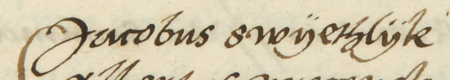 Z księgi radzieckiej Kleparza obejmującej lata 1554–1558: fragment wpisu z 1556 roku dokumentującego
wybór rady urzędującej, z rajcą-burmistrzem Jakubem Świetlikiem w składzie – zbliżenie zapisu imienia
(Archiwum Narodowe w Krakowie, sygn. KL 25, s. 218)
