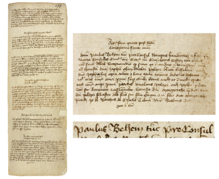 Z księgi radzieckiej obejmującej lata 1412–1449 strona 94 z wpisem z 1416 roku, stwierdzającym, że w środę po święcie
Niepokalanego Poczęcia NMP burmistrz Paweł Behem wraz z rajcami Remigiuszem Freodenrichem (nr 178)
i Franciszkiem Neorzą (nr 174) potwierdzili rozporządzenie majątkowe dokonane przez Zofię, wdowę po Mikołaju Polczerze –
oraz powiększenie zapisu imienia i funkcji burmistrza (Archiwum Państwowe w Krakowie, sygn. rkps 428, s. 94)