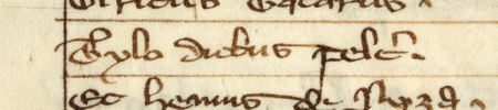 Z „Najstarszej księgi” strona 64 z wpisem z wykazem rajców powołanych do rady miejskiej w 1323 roku –
oraz powiększenie zapisu imienia (Archiwum Państwowe w Krakowie, sygn. rkps 1, s. 64)