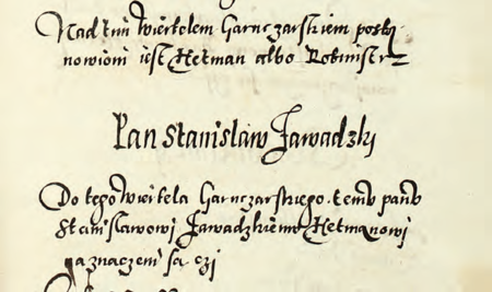 Z księgi radzieckiej zawierającej uchwały z lat 1538–1643 dotyczące organizacji życia publicznego miasta fragment wpisu
z 1575 r. dokumentującego powołanie Stanisława Zawadzkiego na funkcję hetmana Kwartału Garncarskiego
(Archiwum Narodowe w Krakowie, sygn. rkps 1213, s. 63)