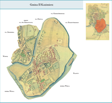 Gmina II Kazimierz według stanu z końca roku 1815 na przywołanym wcześniej planie miasta z ok. 1817 r. – przebieg
granic jak w okresie poprzednim, jednak z istotną zmianą, szczegółowo omówioną wyżej, przy planie Gminy I Kraków
(włączenie południowego fragmentu ul. Grodzkiej wraz z terenem na wschód od niego do Gminy II Kazimierz). Użyte
przy powyższym planie gminy nazwy terenowe podano według nazewnictwa obowiązującego aktualnie.