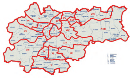 Tereny 18 dzielnic Krakowa a tereny dawnych gmin katastralnych – por. zestawienie w tabeli poniżej
(na podkładzie mapy wykonanej wg danych z MSIP przez Miejski Zarząd Baz Danych w Krakowie)