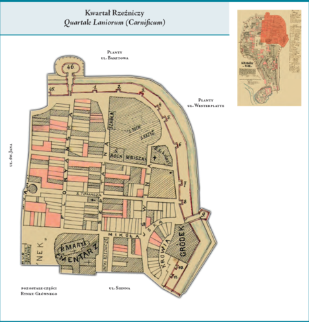 Kwartał Rzeźniczy, zwany też Floriańskim, na przywołanej wcześniej rekonstrukcji planów miasta z lat 1700 i 1777 –
obejmował północno-wschodnią część Krakowa, wówczas w granicach wytyczonych murami obronnymi, obecnie Plantami.
Zajmował połać Rynku Głównego przylegającą do ul. Floriańskiej, między wylotami ulic św. Jana i Siennej,
oraz powierzchnię ograniczoną osią ul. św. Jana, północną i wschodnią linią murów obronnych do wylotu ul. Siennej
oraz północną pierzeją ul. Siennej do Rynku Głównego. Użyte tutaj i przy powyższym planie kwartału nazwy terenowe
podano według nazewnictwa obowiązującego aktualnie.