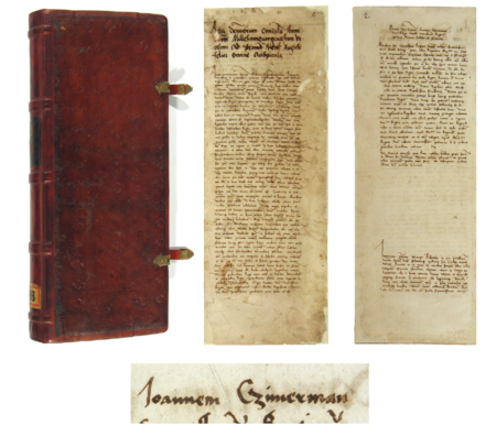 Księga radziecka z zapisami plenipotencji i „listów przewodnich”, obejmująca wpisy z lat 1520–1541: przód okładziny,
strona tytułowa z opisem uroczystości z okazji urodzin Zygmunta Augusta, organizowanych za kadencji burmistrzowskiej
Jana Zimmermana i strona 2 z oracją na cześć królowej Bony wygłoszoną przez burmistrza Jana Zimmermana –
oraz powiększenie zapisu imienia (Archiwum Państwowe w Krakowie, sygn. rkps 756, strona tytułowa, s. 2)