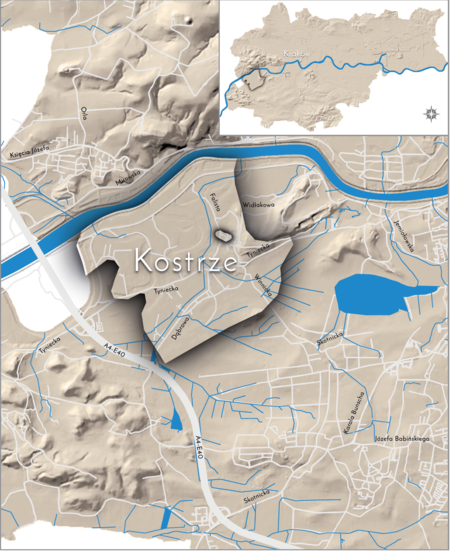 Orientacyjna lokalizacja dawnej wsi Kostrze w obecnych granicach Krakowa – na planie miasta
oznaczono jej położenie w kształcie wyznaczonym granicami jednostki katastralnej, jaką stanowiła,
ze wskazaniem najstarszego, historycznego centrum Kostrza w rejonie dzisiejszej ulicy Falistej