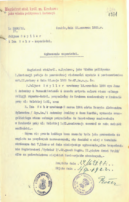 Z Akt zapowiedzi ślubów cywilnych 1914–1925 ogłoszenie zapowiedzi z 1922 r., na którym
komisarz Adolf Rotter sygnował poświadczenie, że ogłoszenie wywieszono na tablicy urzędowej
(Archiwum Narodowe w Krakowie, sygn. Kr 2468, s. 1971)