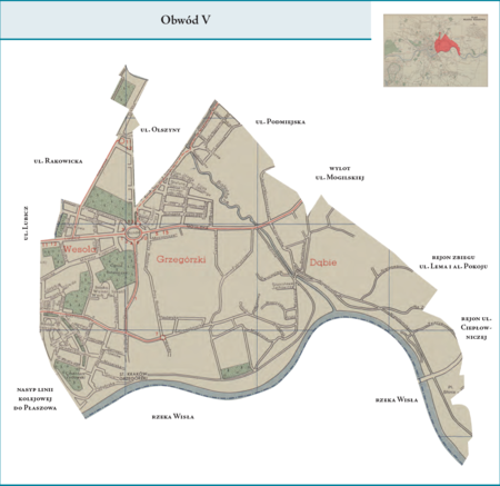 Obwód V według stanu z roku 1951 na przywołanym wcześniej planie miasta z 1957 r. – dzielnica administracyjna istotnie różniąca
się od Obwodu V z poprzedniego podziału wewnętrznego miasta. Z jej dotychczasowej powierzchni wyłączono w całości dzielnice
katastralne XLIV–Czyżyny i XLV–Łęg, włączając je do granic nowo utworzonej dzielnicy administracyjnej Nowa Huta. W tej
sytuacji powierzchnię Obwodu V stanowiły już tylko: w całości tereny dzielnic katastralnych XIX–Grzegórzki i XX–Dąbie oraz
częściowo tereny dzielnic katastralnych VI–Wesoła (pozostała część w Obwodzie I) i XVIII–Warszawskie (pozostała część
w Obwodzie IV). W ten sposób terytorialny kształt Obwodu V co do zasady przybrał postać Obwodu V z lat 1938–1941, czyli nie
z poprzedniego, lecz jeszcze wcześniejszego etapu wewnętrznych podziałów administracyjnych miasta. Użyte przy powyższym planie
dzielnicy nazwy terenowe podano według nazewnictwa obowiązującego aktualnie.