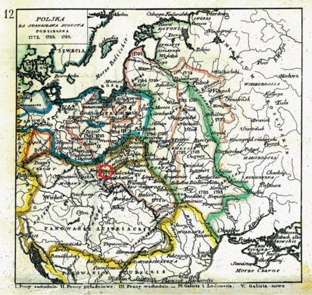 Mapa nr 12
Terytorium ziemi krakowskiej na mapie przedstawiającej państwo polsko-litewskie w dobie panowania
Stanisława Augusta Poniatowskiego – na mapie ukazano granice kolejnych trzech zaborów (1772, 1793, 1795)