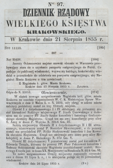 Obwieszczenie z 1855 r. przywołujące podział Krakowa na 3 obwody miejskie i w związku z tym
komunikujące o obsadzeniu stanowisk komisarzy kierujących obwodami – tu także o komisarzu
Stanisławie Skwarczyńskim. W kwestii użytego w obwieszczeniu nazewnictwa urzędu patrz s. 141
(DRzWKK z 1855 r., nr 97, s. 387)