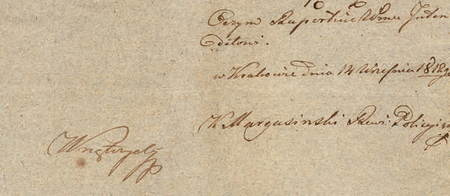 Z akt dotyczących opłat i papierów stemplowych sporządzony w 1812 r. końcowy fragment raportu
p.o. intendenta policji Karola Margasińskiego w sprawie niezamieszkiwania w Gminie I dwóch
poszukiwanych przez magistrackie władze skarbowe osób
(Archiwum Narodowe w Krakowie, sygn. Mag I-143, nlb)