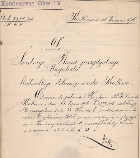 Dokonane w 1916 r. przez komisarza Władysława Müllera zgłoszenie Biuru Prezydialnemu
Magistratu pieczęci używanych w podległym mu Miejskim Komisariacie Obwodu IV
(Archiwum Narodowe w Krakowie, sygn. IT 1038, nlb)