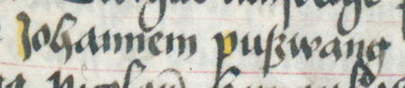 Z Kodeksu Behema k. 126v–127 z kopią dokumentu wydanego w 1387 roku w Krakowie przez wójta Mikołaja Schaffera
i ławników, stwierdzającego przekazanie przez Andrzeja kramu sukiennego rajcom miejskim, w czym uczestniczył
jako ławnik Jan Puswange – oraz powiększenie zapisu imienia (Biblioteka Jagiellońska, sygn. rkps 16, k. 126v–127)