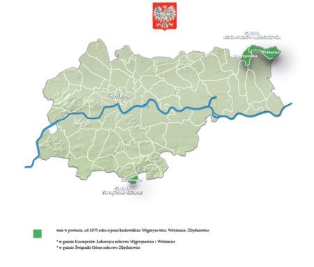 Na planie obrazującym dzisiejsze granice Krakowa miejscowości przyłączone do Krakowa po 1915 roku, oznaczone
kolorem określającym ich przynależność do powiatu i rejonu krakowskiego wraz z wyodrębnieniem sołectw
w Polskiej Rzeczypospolitej Ludowej – w latach 1973–1985