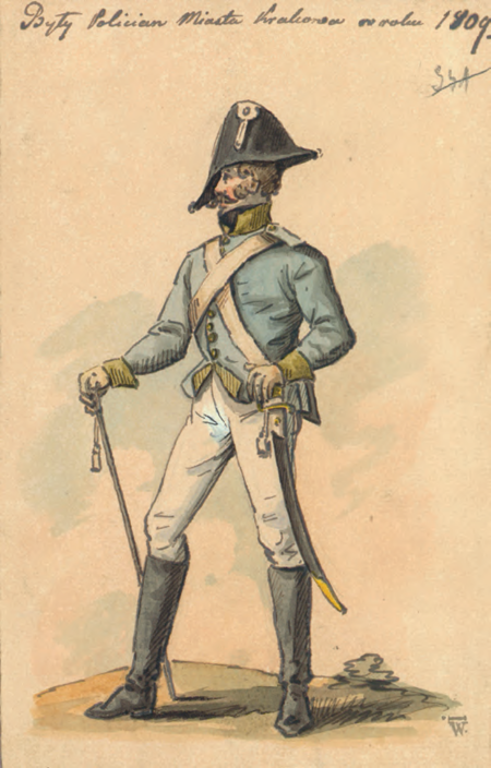 Z Tek Ambrożego Grabowskiego rysunek przedstawiający krakowskiego policjanta doby Księstwa
Warszawskiego – daje pogląd na umundurowanie stojących w latach 1811–1816 na czele gmin intendentów,
którzy byli etatowymi funkcjonariuszami policji
(Archiwum Narodowe w Krakowie, sygn. E 142, k. 341b)