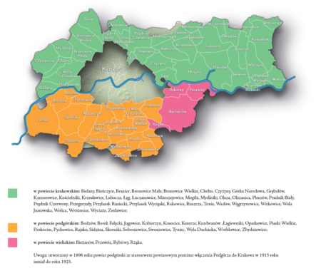 Na planie obrazującym dzisiejsze granice Krakowa miejscowości przyłączone do Krakowa po 1915 roku, oznaczone kolorami określającymi
ich przynależność do powiatów w końcowych dekadach doby autonomii galicyjskiej i z początkiem II Rzeczypospolitej, w latach 1896–1923