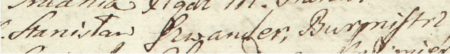 Z akt sądowych wielkorządcy krakowskiego obejmujących lata 1697–1726: fragment wpisu dokumentującego
sprawę z roku 1705 dotyczącą szpitala św. Leonarda w Kazimierzu, reprezentowanego przez Stanisława Szwandera,
ówczesnego burmistrza miasta i prowizora tego szpitala – zbliżenie zapisu imienia i funkcji
(Archiwum Narodowe w Krakowie, sygn. Teut. 77, s. 1161)