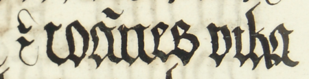 Z księgi radzieckiej Kazimierza obejmującej lata 1509–1533: wpis imienia dokonany
w związku z wyborem Jana Wiki do rady urzędującej na 1515 rok – zbliżenie zapisu imienia
(Archiwum Narodowe w Krakowie, sygn. K 8, s. 339)