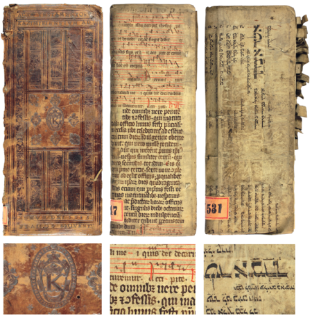 Przykładowe, współczesne oprawy ksiąg miejskich z archiwalnego zespołu akt miasta Kazimierza – znaczna liczba ksiąg kazimierskich oprawiona została w skórę z ozdobnymi tłoczeniami, jak w ukazanej oprawie księgi testamentów mieszczan kazimierskich z lat 1586–1606 (po lewej). Istnieją też oprawy, do których ówcześni introligatorzy wykorzystali posiadaną w warsztatach makulaturę, pojedyncze karty z najrozmaitszych rękopisów, jak w kolejnych prezentowanych oprawach: księgi dochodów i wydatków Kazimierza z 1604 roku, oprawionej w pergamin pochodzący z piętnastowiecznej księgi liturgicznej (w środku), oraz księgi dochodów i wydatków z 1586 roku, oprawionej z kolei w pergamin pokryty bliżej dotąd niezidentyfikowanym tekstem hebrajskim (po prawej). W oprawach starych ksiąg odnajdywane są bezcenne rękopisy, tak zostały odnalezione przez Aleksandra Brűcknera w 1890 roku Kazania świętokrzyskie z przełomu XIII i XIV wieku, jeden z najcenniejszych zabytków polskiego średniowiecza, a współcześnie w 2013 roku w oprawie księgi miejskiej krakowskiej z XVI wieku dwie pergaminowe karty z komentarzem do Retoryki Cycerona, pochodzące z drugiej połowy X wieku, będące najstarszym zabytkiem piśmienniczym znajdującym się w zasobach Archiwum Narodowego w Krakowie (szerzej: Starzyński 2013-I passim, Starzyński 2013-II, passim); być może oprawy ksiąg kazimierskich także skrywają unikatowe cymelia – oraz zbliżenia fragmentów przedstawianych opraw (Archiwum Narodowe w Krakowie, sygn. K 441, K 531, K 547)