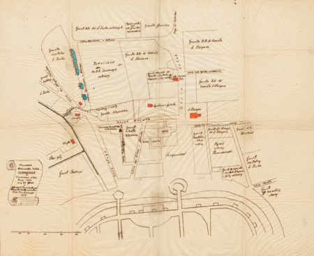 Plan Kleparza z 1744 roku, wyrysowany przez krakowskiego mistrza budowniczego Dominika Pucka (w przerysie – z tek Żegoty Paulego).
Zaznaczony po stronie wschodniej „Grunt Biskupi” to jurydyka Biskupie, na północnym wschodzie „Grunta szpitalne S. Ducha” to jurydyka Błonie,
od strony północnej „Pędzichów do XX. Zamkowych należący” to jurydyka Pędzichów oraz na północ i północny wschód „Grunta XX. do Kościoła
S. Floriana” to jurydyka Szlak, to jest proboszczowska św. Floriana. Nad znajdującym się naprzeciwko Barbakanu targowiskiem zaznaczony ratusz,
wyrysowane ulice: Długa (kończyła się na wysokości kościoła św. Krzyża, dzisiejszy pl. Słowiański), nieistniejąca już ul. św. św. Filipa i Jakuba,
następnie Krowia (dzisiejsza św. Filipa) i Szlak (dzisiejsza Warszawska). Dzisiejszą ul. Szlak w północnej części oznaczono jako „między Pędzichowem
a Pałacem”, natomiast nie zaznaczono dzisiejszej ul. Pędzichów, biegnącej na wschód od kościoła św. Krzyża, między gruntami kleparskimi
a gruntami Pędzichowa. Kolorem czerwonym wyróżniono kościoły, kolorem niebieskim zbiorniki wód opadowych, zwane tu „kałużami”
(Biblioteka Jagiellońska, sygn. rkps 5447, nr 5)