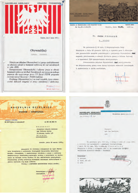 W latach 70. i 80 XX w. starano się szarą rzeczywistość przedstawiać w ubarwionej formie – ozdobne papiery firmowe naczelników
dzielnic: z roku 1974 – naczelnika Dzielnicy Kraków Podgórze, z roku 1976 – naczelnika Dzielnicy Kraków Śródmieście,
z roku 1986 – naczelnika Dzielnicy Kraków Krowodrza oraz z roku 1987 – naczelnika Dzielnicy Kraków Podgórze
(Archiwum Zakładowe Urzędu Miasta Krakowa, sygn. spis 2661/53; spis 77/153; spis 3767/6 oraz ze zbiorów prywatnych)