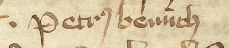 Z najstarszej zachowanej księgi radzieckiej Kazimierza obejmującej lata 1369–1381:
fragment wpisu dokumentującego wybór rajców na rok 1378, z Peszkiem Bresniczem w składzie –
oraz zbliżenie zapisu imienia (Archiwum Narodowe w Krakowie, sygn. K 1, s. 221)
