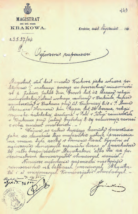 Z akt ślubów cywilnych 1894–1913 ogłoszenie zapowiedzi z roku 1903, gdzie na dole adnotacja
o wywieszeniu i zdjęciu ogłoszenia z tablicy ogłoszeń wraz z terminami dokonania tych czynności –
przy adnotacji podpis komisarza Franciszka Górskiego
(Archiwum Narodowe w Krakowie, sygn. Kr 2467, s. 243)